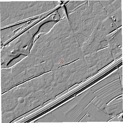 Shaded relief map of the ground around BS247BQ, computed from Environment Agency LiDAR. The ground here sits at about 5 m above sea level and falls 7 m across the surrounding 800 m. Surface water reaching this point runs off ground lying to the west-south-west, 2.1 m higher.