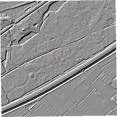 Shaded relief map of the ground around BS247BS, computed from Environment Agency LiDAR. The ground here sits at about 6 m above sea level and falls 4 m across the surrounding 800 m. The ground contributing surface water to this point lies to the east-south-east.