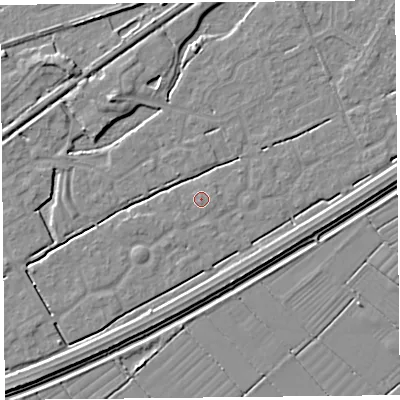 Shaded relief map of the ground around BS247BU, computed from Environment Agency LiDAR. The ground here sits at about 6 m above sea level and falls 4 m across the surrounding 800 m. The ground contributing surface water to this point lies to the east-south-east.