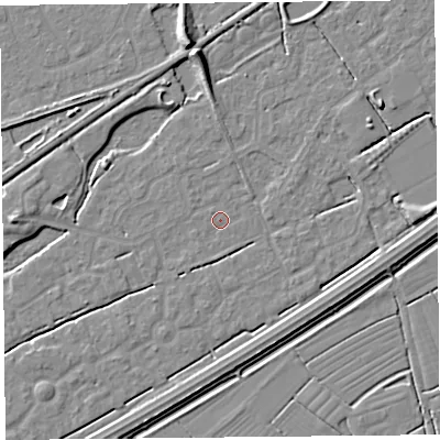 Shaded relief map of the ground around BS247BX, computed from Environment Agency LiDAR. The ground here sits at about 5 m above sea level and falls 7 m across the surrounding 800 m. Surface water reaching this point runs off ground lying to the east-north-east, 1.9 m higher.