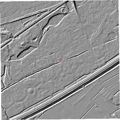 Shaded relief map of the ground around BS247BY, computed from Environment Agency LiDAR. The ground here sits at about 5 m above sea level and falls 6 m across the surrounding 800 m. Surface water reaching this point runs off ground lying to the west-north-west, 4.0 m higher.