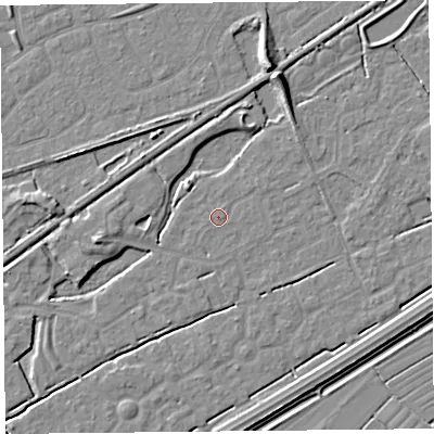 Shaded relief map of the ground around BS247BZ, computed from Environment Agency LiDAR. The ground here sits at about 6 m above sea level and falls 7 m across the surrounding 800 m. Surface water reaching this point runs off ground lying to the north-east, 0.5 m higher.