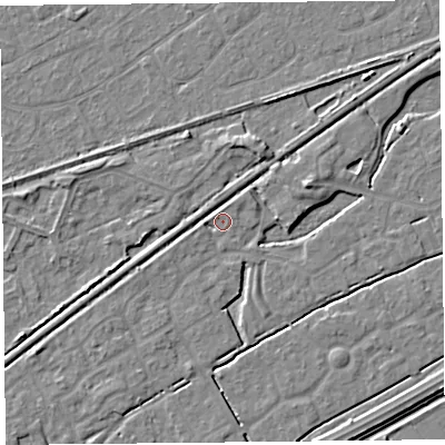 Shaded relief map of the ground around BS247DB, computed from Environment Agency LiDAR. The ground here sits at about 6 m above sea level and falls 4 m across the surrounding 800 m. Surface water reaching this point runs off ground lying to the north-west, 1.7 m higher.