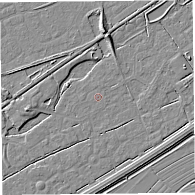 Shaded relief map of the ground around BS247DD, computed from Environment Agency LiDAR. The ground here sits at about 5 m above sea level and falls 7 m across the surrounding 800 m. The ground contributing surface water to this point lies to the south-south-east.