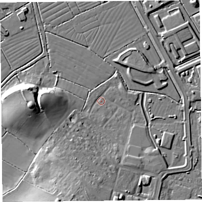 Shaded relief map of the ground around BS247DH, computed from Environment Agency LiDAR. The ground here sits at about 5 m above sea level and falls 17 m across the surrounding 800 m. Surface water reaching this point runs off ground lying to the south-south-west, 12.4 m higher.