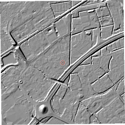 Shaded relief map of the ground around BS247DJ, computed from Environment Agency LiDAR. The ground here sits at about 6 m above sea level and falls 9 m across the surrounding 800 m. Surface water reaching this point runs off ground lying to the south-south-east, 4.0 m higher.