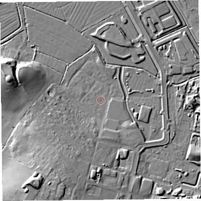 Shaded relief map of the ground around BS247DL, computed from Environment Agency LiDAR. The ground here sits at about 6 m above sea level and falls 19 m across the surrounding 800 m. Surface water reaching this point runs off ground lying to the south-south-west, 7.1 m higher.