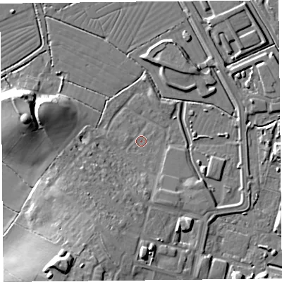 Shaded relief map of the ground around BS247DN, computed from Environment Agency LiDAR. The ground here sits at about 6 m above sea level and falls 19 m across the surrounding 800 m. Surface water reaching this point runs off ground lying to the south-south-west, 14.3 m higher.