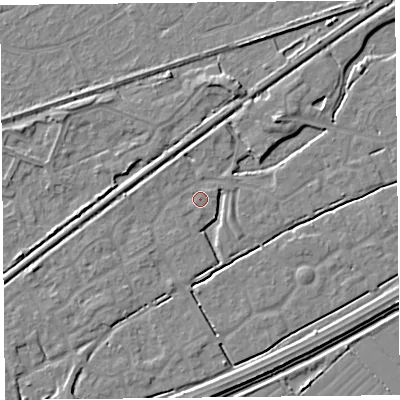 Shaded relief map of the ground around BS247DS, computed from Environment Agency LiDAR. The ground here sits at about 5 m above sea level and falls 4 m across the surrounding 800 m. Surface water reaching this point runs off ground lying to the north, 1.7 m higher.