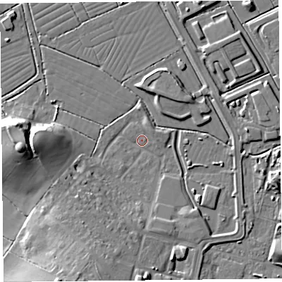 Shaded relief map of the ground around BS247DW, computed from Environment Agency LiDAR. The ground here sits at about 5 m above sea level and falls 17 m across the surrounding 800 m. Surface water reaching this point runs off ground lying to the south-south-west, 12.3 m higher.