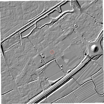 Shaded relief map of the ground around BS247DX, computed from Environment Agency LiDAR. The ground here sits at about 6 m above sea level and falls 9 m across the surrounding 800 m. Surface water reaching this point runs off ground lying to the west-south-west, 3.9 m higher.