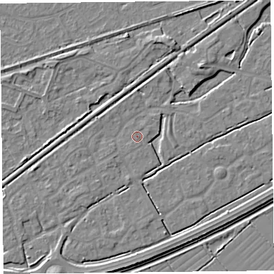 Shaded relief map of the ground around BS247DZ, computed from Environment Agency LiDAR. The ground here sits at about 6 m above sea level and falls 4 m across the surrounding 800 m. Surface water reaching this point runs off ground lying to the east-north-east, 0.6 m higher.