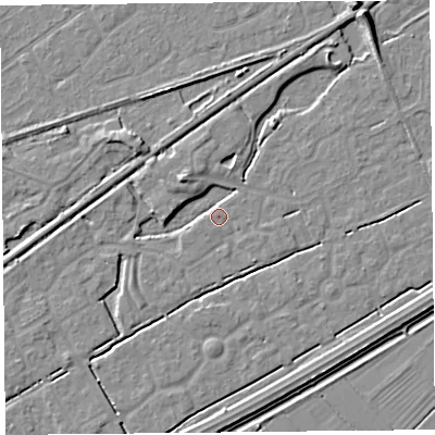Shaded relief map of the ground around BS247EA, computed from Environment Agency LiDAR. The ground here sits at about 5 m above sea level and falls 7 m across the surrounding 800 m. Surface water reaching this point runs off ground lying to the south-west, 1.8 m higher.
