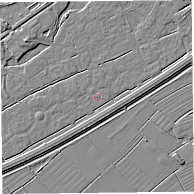 Shaded relief map of the ground around BS247EB, computed from Environment Agency LiDAR. The ground here sits at about 5 m above sea level and falls 4 m across the surrounding 800 m. The ground contributing surface water to this point lies to the east-south-east.