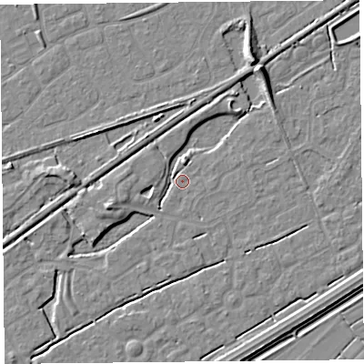 Shaded relief map of the ground around BS247ED, computed from Environment Agency LiDAR. The ground here sits at about 5 m above sea level and falls 7 m across the surrounding 800 m. Surface water reaching this point runs off ground lying to the north-east, 6.5 m higher.