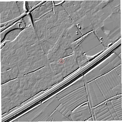 Shaded relief map of the ground around BS247EE, computed from Environment Agency LiDAR. The ground here sits at about 6 m above sea level and falls 7 m across the surrounding 800 m. Surface water reaching this point runs off ground lying to the north-north-west, 1.9 m higher.