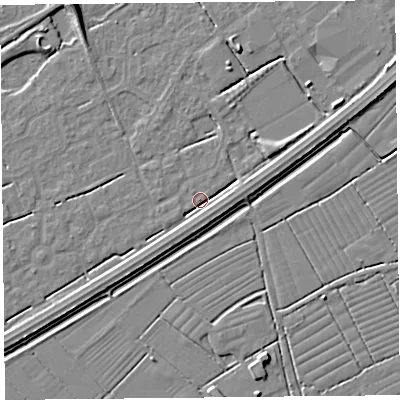 Shaded relief map of the ground around BS247EF, computed from Environment Agency LiDAR. The ground here sits at about 5 m above sea level and falls 6 m across the surrounding 800 m. Surface water reaching this point runs off ground lying to the east-north-east, 2.8 m higher.