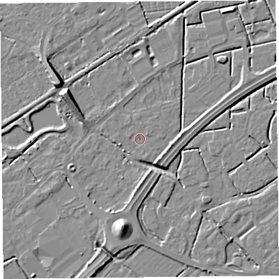 Shaded relief map of the ground around BS247EH, computed from Environment Agency LiDAR. The ground here sits at about 6 m above sea level and falls 9 m across the surrounding 800 m. Surface water reaching this point runs off ground lying to the west-south-west, 1.3 m higher.