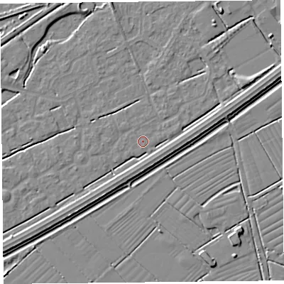 Shaded relief map of the ground around BS247EL, computed from Environment Agency LiDAR. The ground here sits at about 5 m above sea level and falls 4 m across the surrounding 800 m. The ground contributing surface water to this point lies to the south.