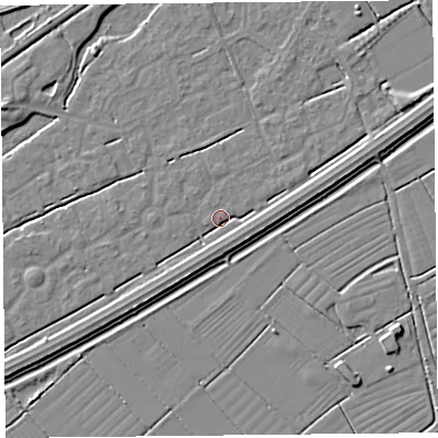Shaded relief map of the ground around BS247EN, computed from Environment Agency LiDAR. The ground here sits at about 5 m above sea level and falls 4 m across the surrounding 800 m. Surface water reaching this point runs off ground lying to the east-north-east, 2.9 m higher.