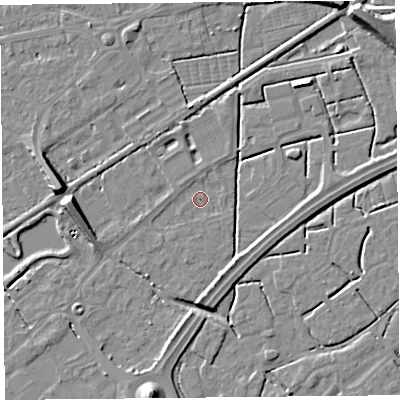 Shaded relief map of the ground around BS247EP, computed from Environment Agency LiDAR. The ground here sits at about 5 m above sea level and falls 9 m across the surrounding 800 m. Surface water reaching this point runs off ground lying to the west-south-west, 2.4 m higher.