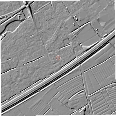 Shaded relief map of the ground around BS247EQ, computed from Environment Agency LiDAR. The ground here sits at about 6 m above sea level and falls 7 m across the surrounding 800 m. Surface water reaching this point runs off ground lying to the east-north-east, 0.8 m higher.