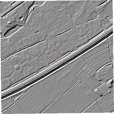Shaded relief map of the ground around BS247ER, computed from Environment Agency LiDAR. The ground here sits at about 5 m above sea level and falls 4 m across the surrounding 800 m. Surface water reaching this point runs off ground lying to the east-north-east, 2.9 m higher.