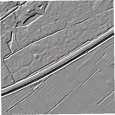Shaded relief map of the ground around BS247ES, computed from Environment Agency LiDAR. The ground here sits at about 5 m above sea level and falls 4 m across the surrounding 800 m. Surface water reaching this point runs off ground lying to the east-north-east, 2.5 m higher.