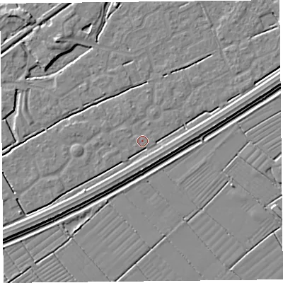 Shaded relief map of the ground around BS247ET, computed from Environment Agency LiDAR. The ground here sits at about 5 m above sea level and falls 4 m across the surrounding 800 m. Surface water reaching this point runs off ground lying to the east-north-east, 2.5 m higher.