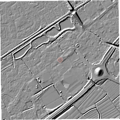 Shaded relief map of the ground around BS247EU, computed from Environment Agency LiDAR. The ground here sits at about 6 m above sea level and falls 9 m across the surrounding 800 m. Surface water reaching this point runs off ground lying to the east-south-east, 1.6 m higher.