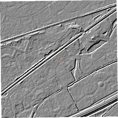 Shaded relief map of the ground around BS247EW, computed from Environment Agency LiDAR. The ground here sits at about 6 m above sea level and falls 4 m across the surrounding 800 m. Surface water reaching this point runs off ground lying to the west-north-west, 0.6 m higher.