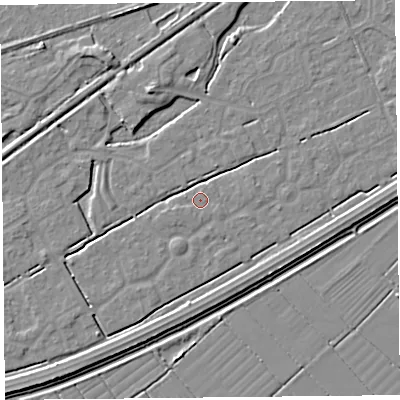 Shaded relief map of the ground around BS247EX, computed from Environment Agency LiDAR. The ground here sits at about 5 m above sea level and falls 4 m across the surrounding 800 m. Surface water reaching this point runs off ground lying to the west-south-west, 0.8 m higher.