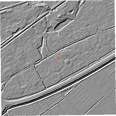 Shaded relief map of the ground around BS247EZ, computed from Environment Agency LiDAR. The ground here sits at about 6 m above sea level and falls 4 m across the surrounding 800 m. Surface water reaching this point runs off ground lying to the east-south-east, 1.0 m higher.