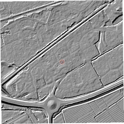 Shaded relief map of the ground around BS247FB, computed from Environment Agency LiDAR. The ground here sits at about 6 m above sea level and falls 8 m across the surrounding 800 m. Surface water reaching this point runs off ground lying to the south-south-east, 0.9 m higher.