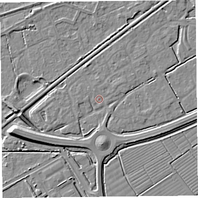 Shaded relief map of the ground around BS247FE, computed from Environment Agency LiDAR. The ground here sits at about 6 m above sea level and falls 9 m across the surrounding 800 m. Surface water reaching this point runs off ground lying to the west, 1.7 m higher.