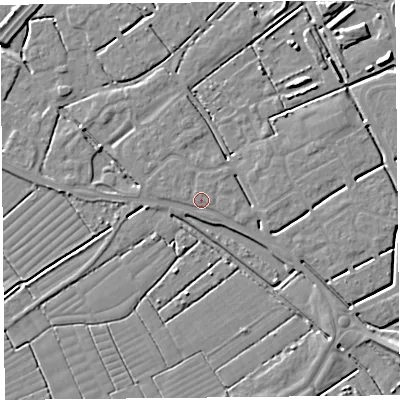 Shaded relief map of the ground around BS247FG, computed from Environment Agency LiDAR. The ground here sits at about 6 m above sea level and falls 6 m across the surrounding 800 m. Surface water reaching this point runs off ground lying to the north-north-west, 2.3 m higher.