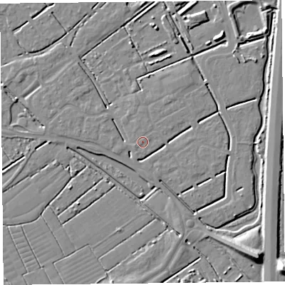 Shaded relief map of the ground around BS247FH, computed from Environment Agency LiDAR. The ground here sits at about 6 m above sea level and falls 10 m across the surrounding 800 m. The ground contributing surface water to this point lies to the west-south-west.