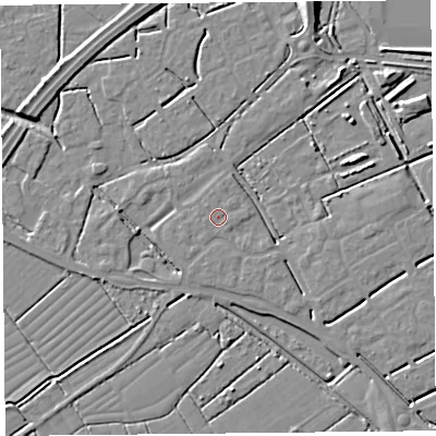 Shaded relief map of the ground around BS247FJ, computed from Environment Agency LiDAR. The ground here sits at about 6 m above sea level and falls 7 m across the surrounding 800 m. The ground contributing surface water to this point lies to the west.