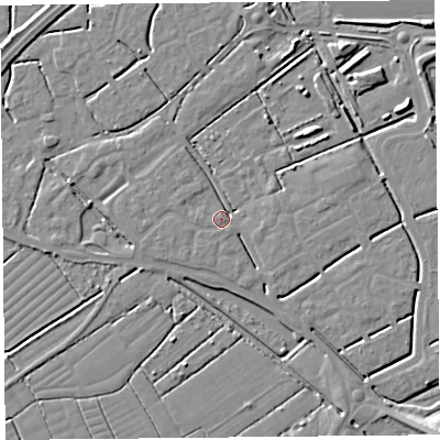 Shaded relief map of the ground around BS247FL, computed from Environment Agency LiDAR. The ground here sits at about 6 m above sea level and falls 7 m across the surrounding 800 m. Surface water reaching this point runs off ground lying to the west-north-west, 2.9 m higher.
