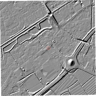 Shaded relief map of the ground around BS247FN, computed from Environment Agency LiDAR. The ground here sits at about 6 m above sea level and falls 9 m across the surrounding 800 m. Surface water reaching this point runs off ground lying to the south-west, 1.0 m higher.