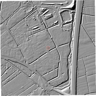 Shaded relief map of the ground around BS247FP, computed from Environment Agency LiDAR. The ground here sits at about 6 m above sea level and falls 11 m across the surrounding 800 m. Surface water reaching this point runs off ground lying to the south-south-east, 2.4 m higher.