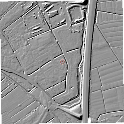 Shaded relief map of the ground around BS247FQ, computed from Environment Agency LiDAR. The ground here sits at about 6 m above sea level and falls 11 m across the surrounding 800 m. Surface water reaching this point runs off ground lying to the south, 2.3 m higher.