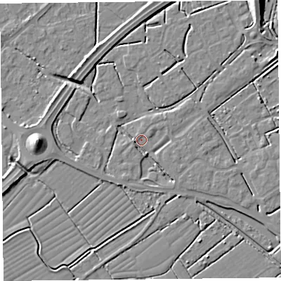 Shaded relief map of the ground around BS247FR, computed from Environment Agency LiDAR. The ground here sits at about 6 m above sea level and falls 8 m across the surrounding 800 m. Surface water reaching this point runs off ground lying to the east, 2.4 m higher.