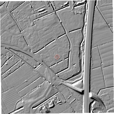 Shaded relief map of the ground around BS247FS, computed from Environment Agency LiDAR. The ground here sits at about 6 m above sea level and falls 10 m across the surrounding 800 m. Surface water reaching this point runs off ground lying to the north-west, 2.1 m higher.