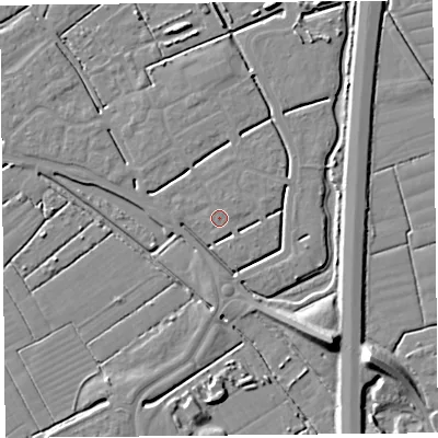 Shaded relief map of the ground around BS247FT, computed from Environment Agency LiDAR. The ground here sits at about 6 m above sea level and falls 10 m across the surrounding 800 m. The ground contributing surface water to this point lies to the east-north-east.