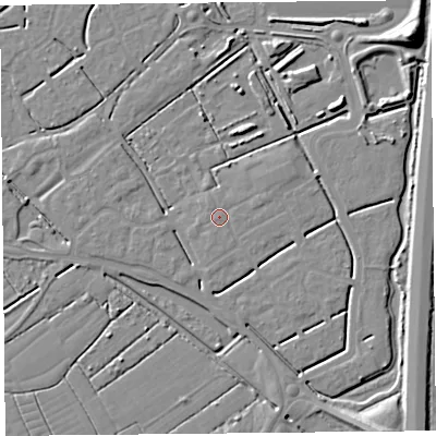 Shaded relief map of the ground around BS247FW, computed from Environment Agency LiDAR. The ground here sits at about 6 m above sea level and falls 11 m across the surrounding 800 m. Surface water reaching this point runs off ground lying to the east-north-east, 0.5 m higher.