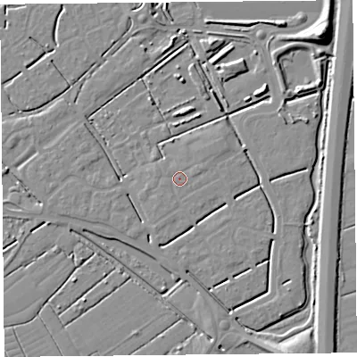 Shaded relief map of the ground around BS247FX, computed from Environment Agency LiDAR. The ground here sits at about 6 m above sea level and falls 11 m across the surrounding 800 m. Surface water reaching this point runs off ground lying to the east-north-east, 0.5 m higher.
