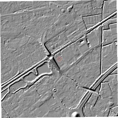 Shaded relief map of the ground around BS247FY, computed from Environment Agency LiDAR. The ground here sits at about 5 m above sea level and falls 9 m across the surrounding 800 m. Surface water reaching this point runs off ground lying to the west, 6.5 m higher.