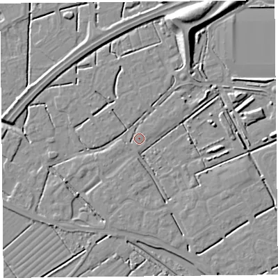 Shaded relief map of the ground around BS247FZ, computed from Environment Agency LiDAR. The ground here sits at about 6 m above sea level and falls 10 m across the surrounding 800 m. Surface water reaching this point runs off ground lying to the north-north-east, 7.5 m higher.