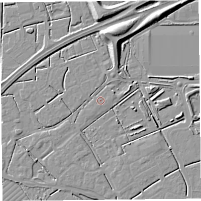 Shaded relief map of the ground around BS247GA, computed from Environment Agency LiDAR. The ground here sits at about 6 m above sea level and falls 10 m across the surrounding 800 m. Surface water reaching this point runs off ground lying to the east-north-east, 0.8 m higher.
